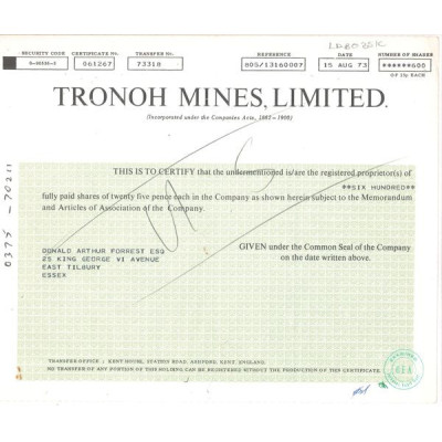 Tronoh Mines Ltd (Titre 600 Act 25p Each)