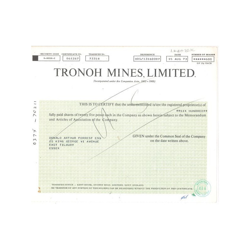 Tronoh Mines Ltd (Titre 600 Act 25p Each)