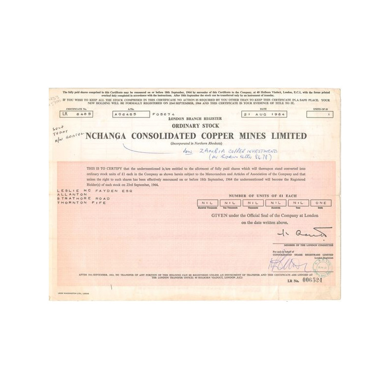 Nchanga Consolidated Copper Mines Ltd (Titre 01 Act 1 £)