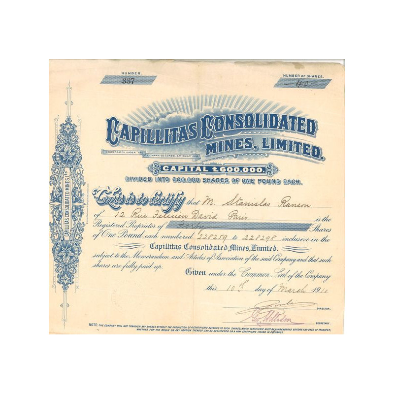 Capillitas Consolidated Mines Ltd (Titre 40 Act 1 £)