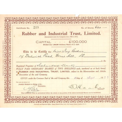 Rubber and Industrial Trust Ltd (Titre 620 Act 2 £)