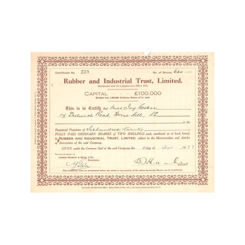 Rubber and Industrial Trust Ltd (Titre 620 Act 2 £)