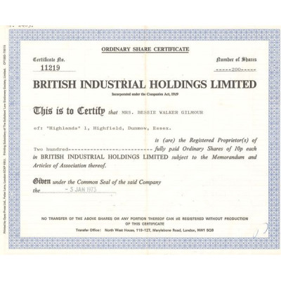 British Industrial Holdings Ltd (Titre 200 Act 0.10 £)