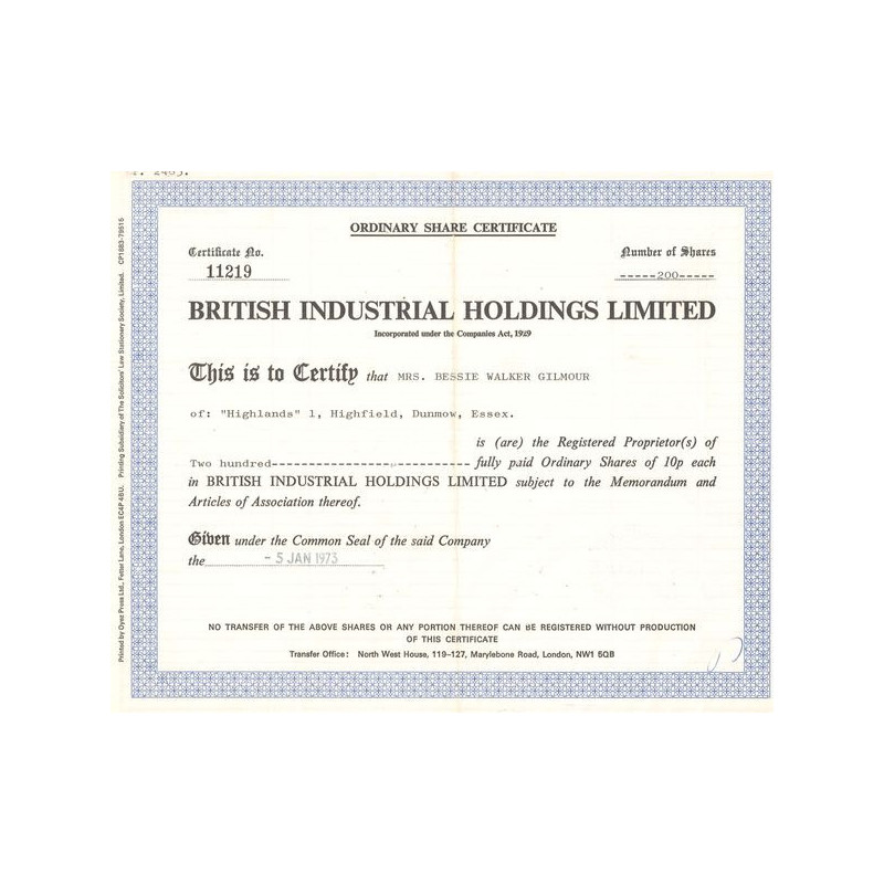 British Industrial Holdings Ltd (Titre 200 Act 0.10 £)
