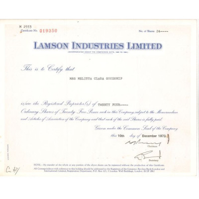 Lamson Industries Ltd (Titre 24 Act 25p £)