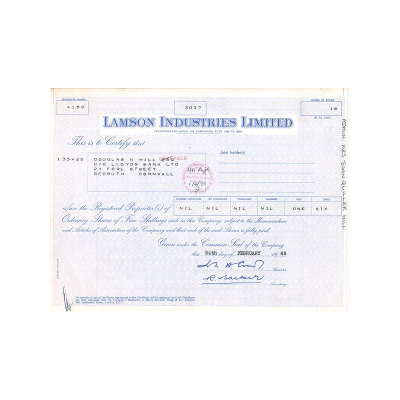 Lamson Industries Ltd (Titre 16 Act 5s £)