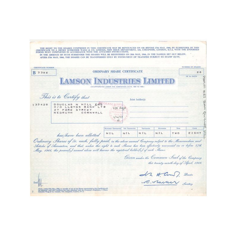 Lamson Industries Ltd (Titre 28 Act 5s £)