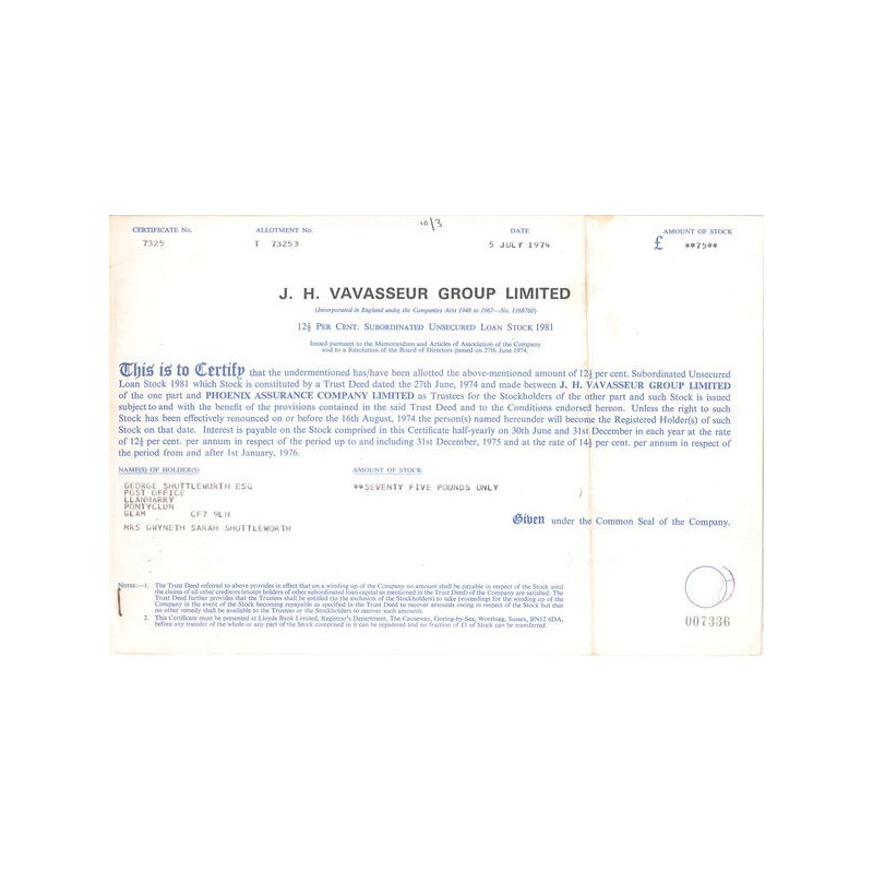 J.H. Vavasseur Group Ltd (Act 75 £)