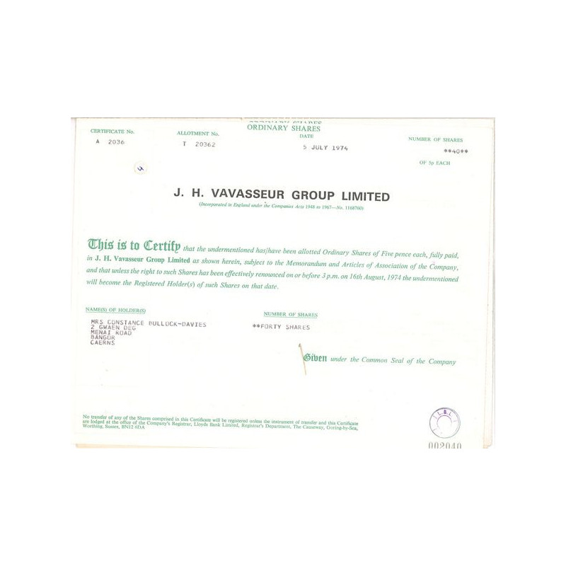 J.H. Vavasseur Group Ltd (Titre 40 Act 5p £)