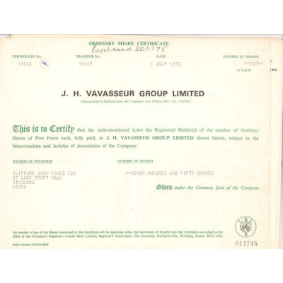 J.H. Vavasseur Group Ltd (Titre 750 Act 5p £)