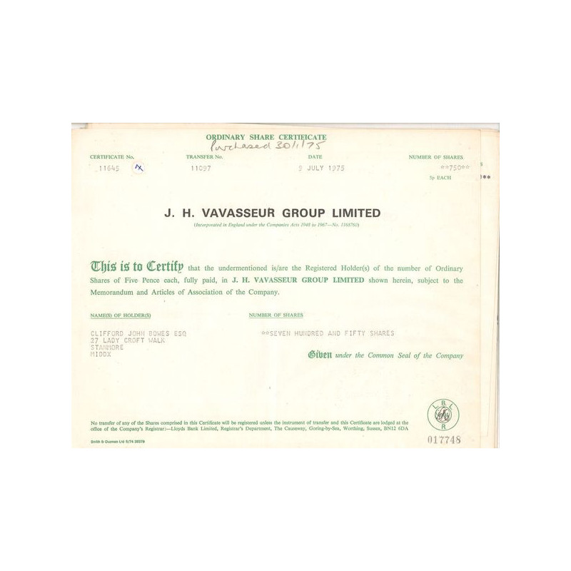 J.H. Vavasseur Group Ltd (Titre 750 Act 5p £)