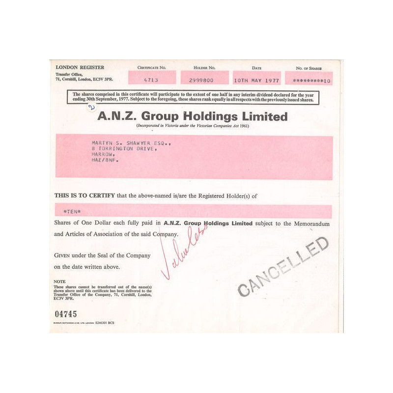 A.N.Z. Group Holdings Ltd (Titre 10 Act 1 $)