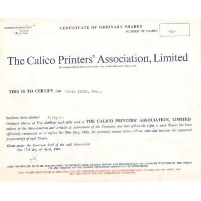 The Calico Printers' Association Ltd (Titre 50 Act 5s £) 1964