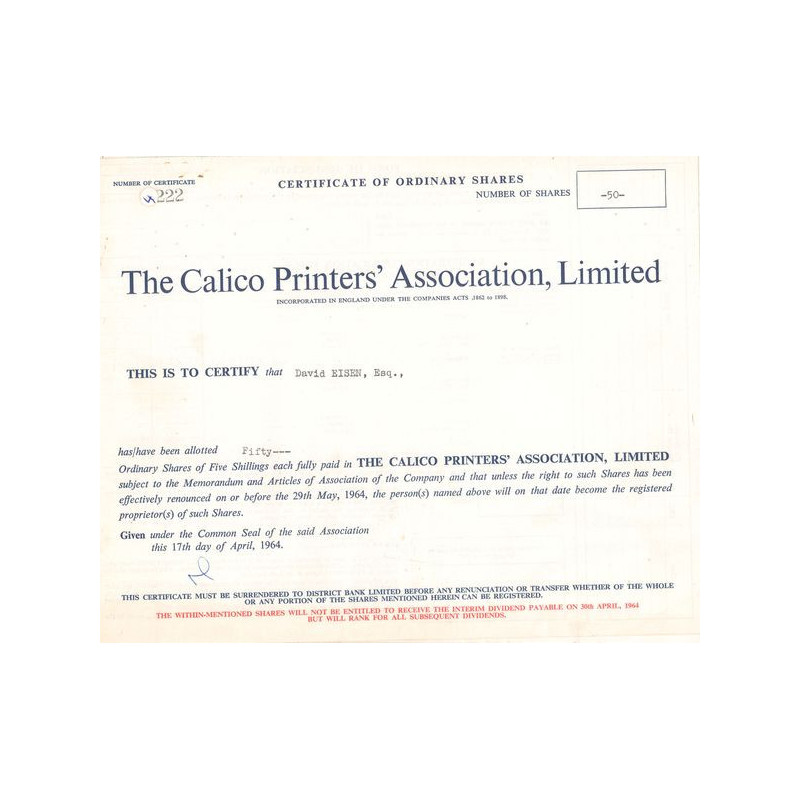 The Calico Printers' Association Ltd (Titre 50 Act 5s £) 1964