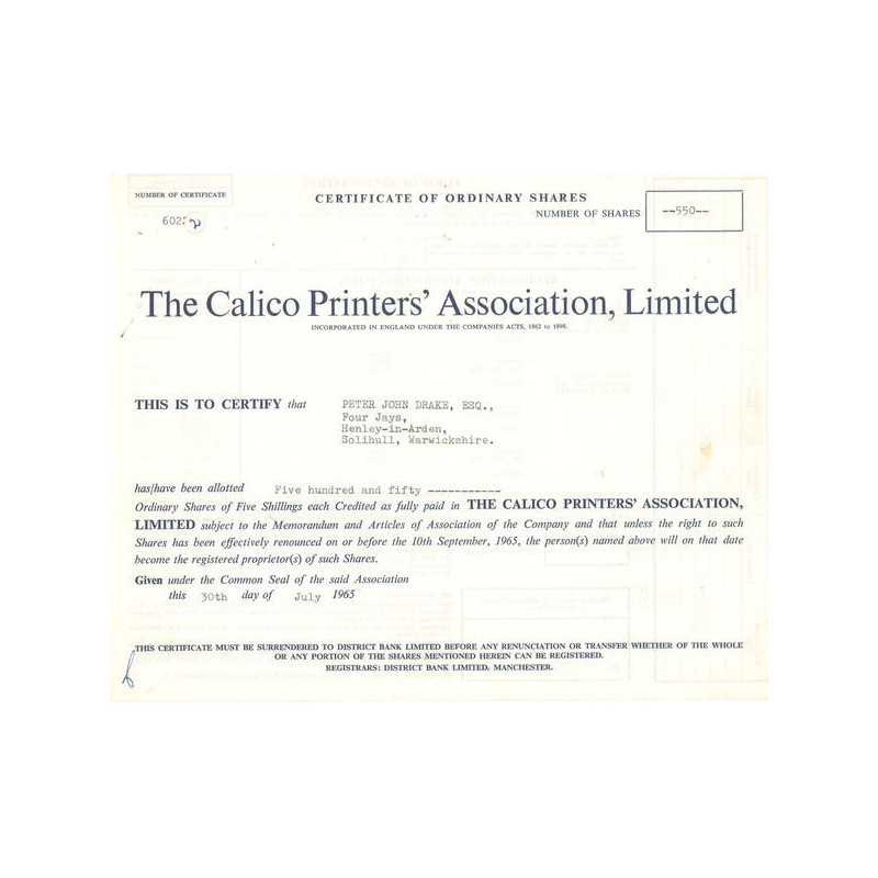 The Calico Printers' Association Ltd (Titre 550 Act 5s £)