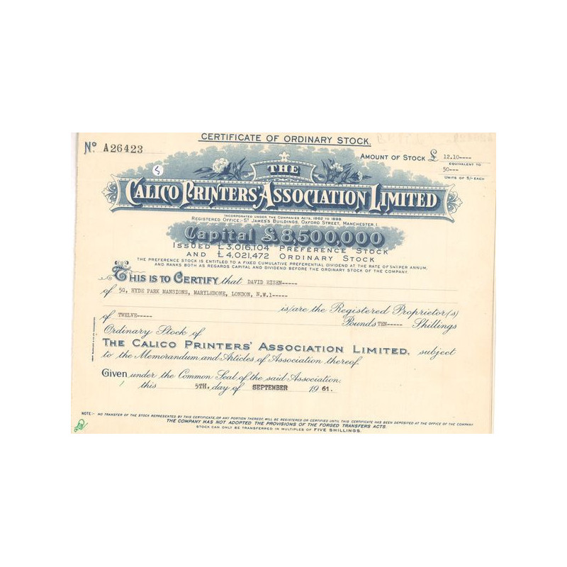 The Calico Printers' Association Ltd (Titre 50 Act 5 £) 1961