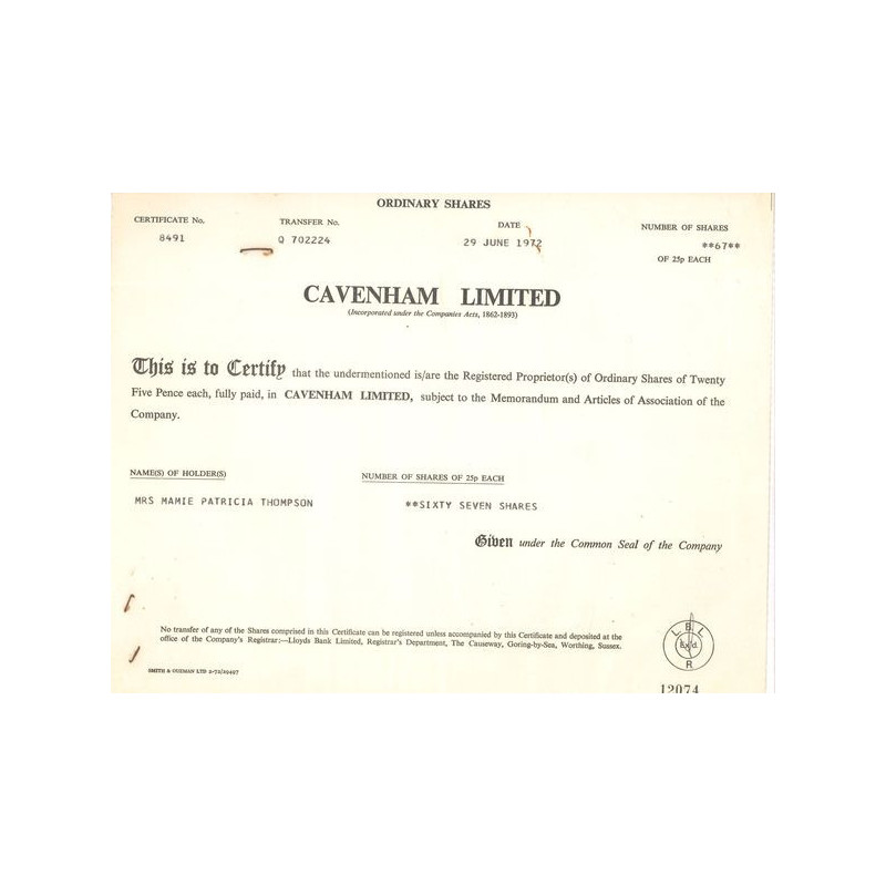 Cavenham Ltd (Titre 67 Act 25p £)