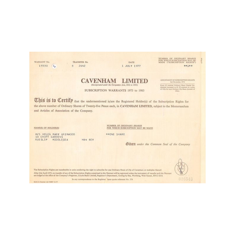 Cavenham Ltd (Titre 01 Act 25p £)