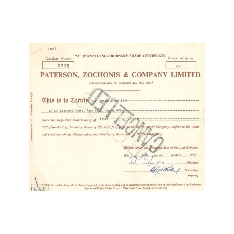 Paterson Zochonis & Cy Ltd (Titre 07 Act 25p £)