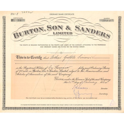 Burton Son & Sanders Ltd (Titre 1000 Act 2/6d £)