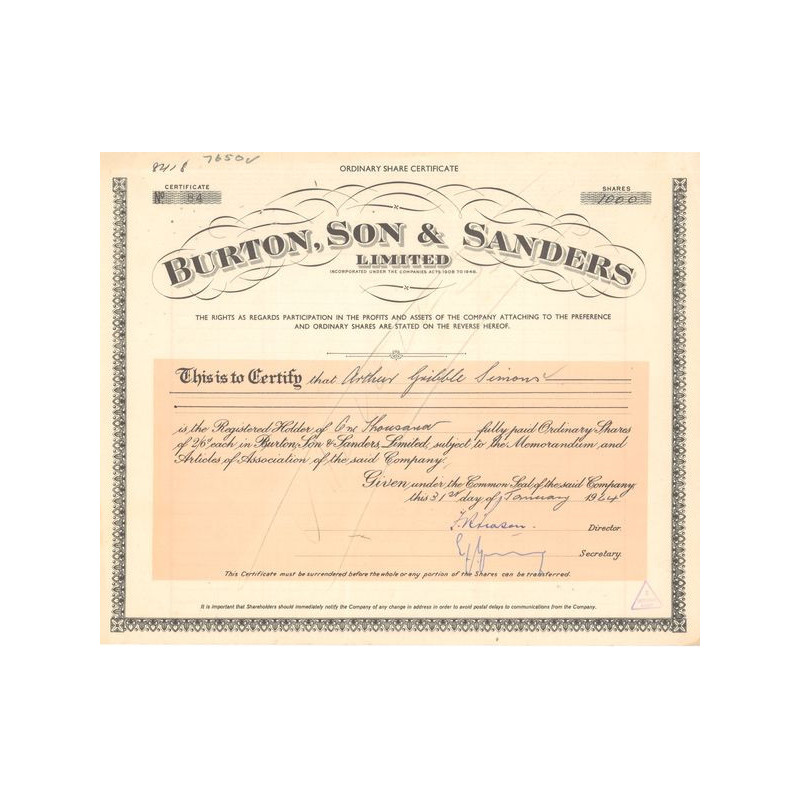 Burton Son & Sanders Ltd (Titre 1000 Act 2/6d £)
