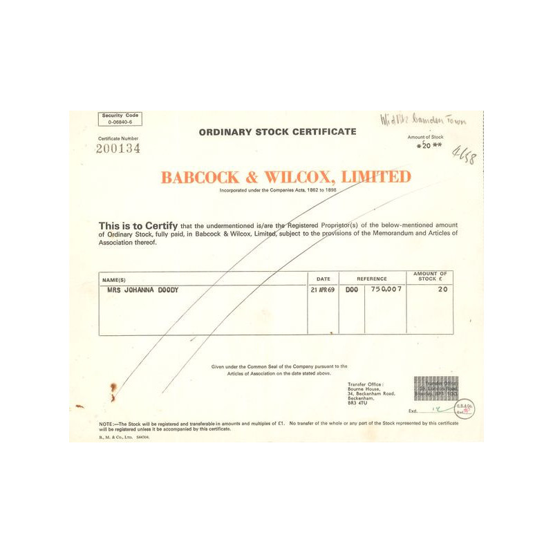 The Babcock & Wilcox Cy (Titre 01 Act 20 £)