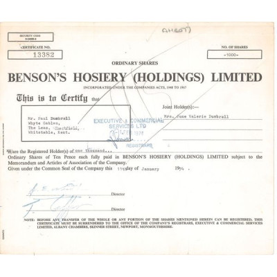 Benson's Hosiery (Holdings) Ltd (Titre 1000 Act 10p £)
