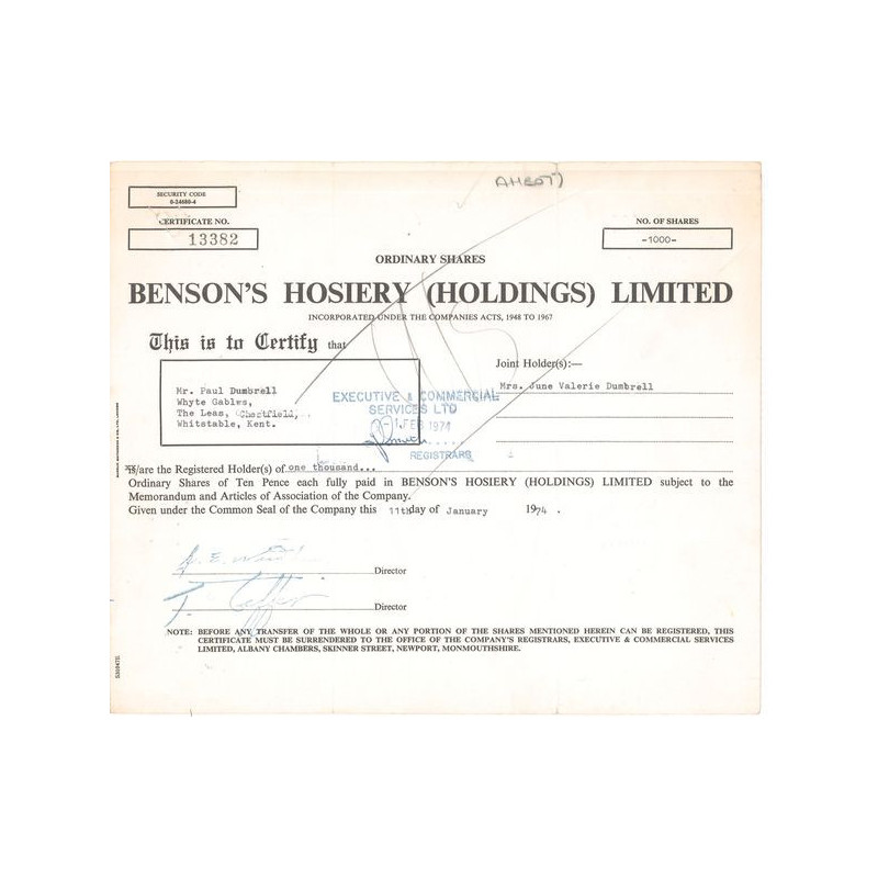 Benson's Hosiery (Holdings) Ltd (Titre 1000 Act 10p £)