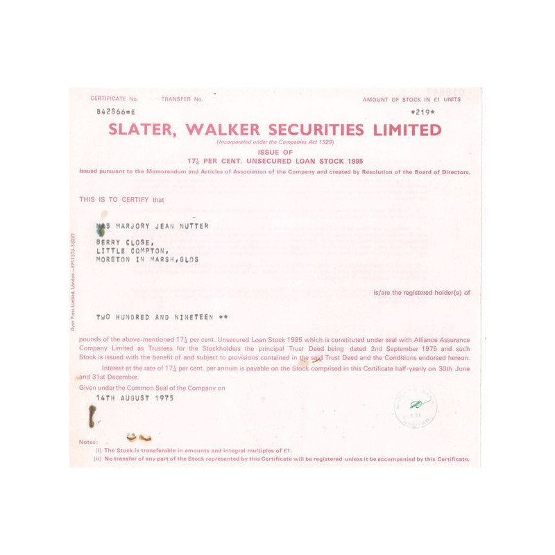 Slater Walker Securities Ltd (Titre 219 Act 1 £)