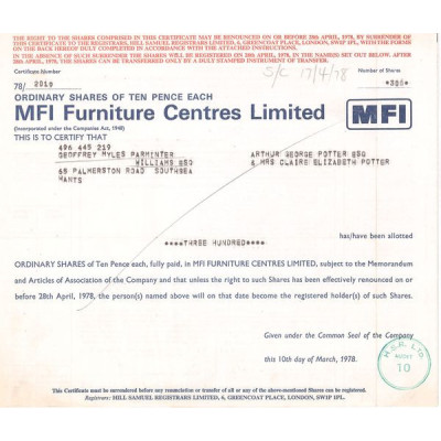 MFI Furniture Centres Ltd (Titre 300 Act 10p £)