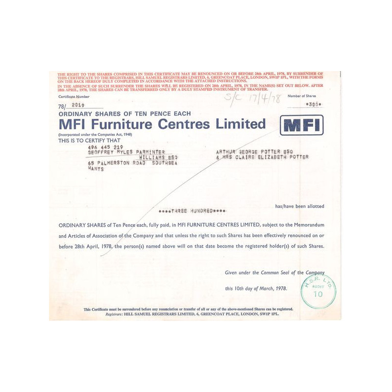 MFI Furniture Centres Ltd (Titre 300 Act 10p £)