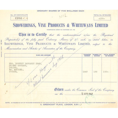 Showerings Vine Products & Whiteways Ltd (Titre 150 Act 5s £)