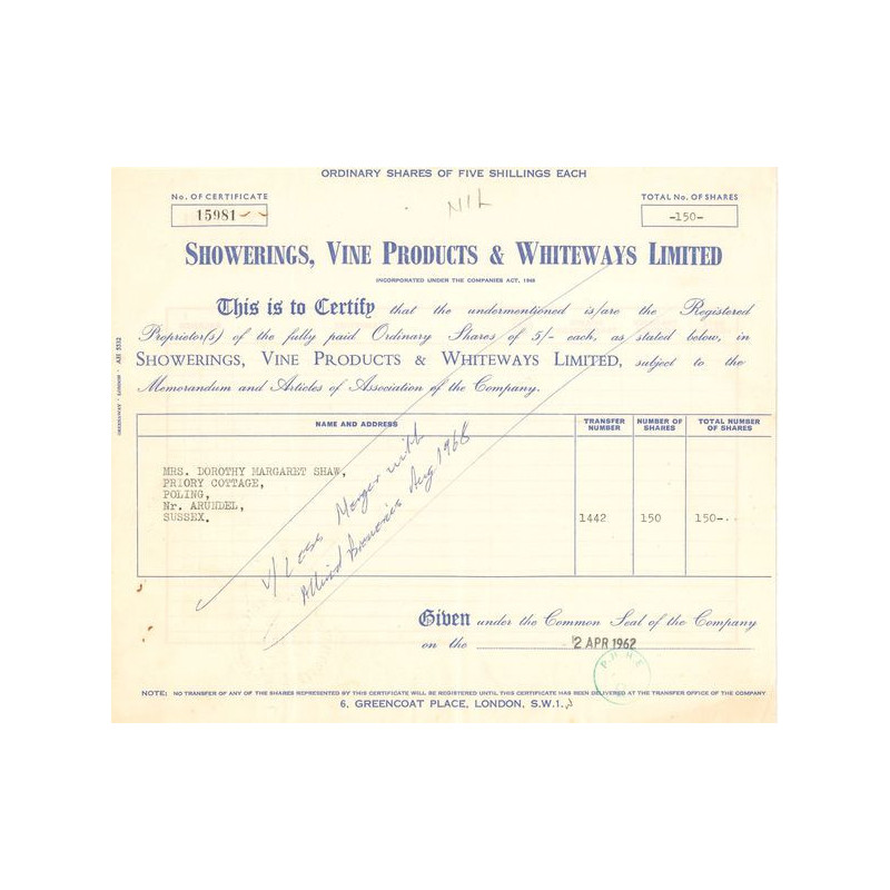Showerings Vine Products & Whiteways Ltd (Titre 150 Act 5s £)