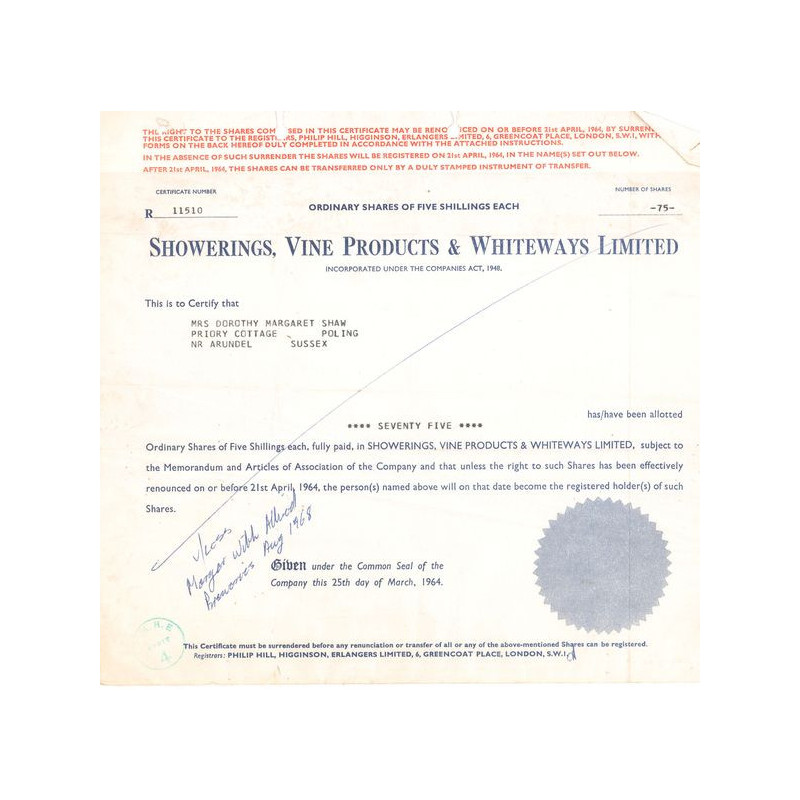 Showerings Vine Products & Whiteways Ltd (Titre 75 Act 5s £)