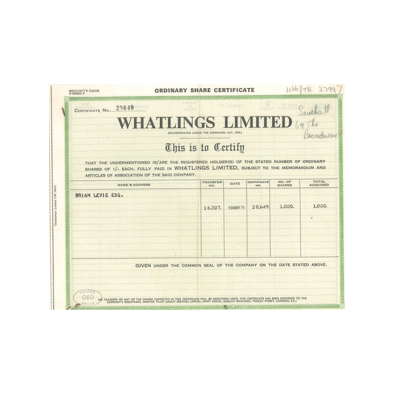 Whatlings Ltd (Titre 1000 Act 1 £)