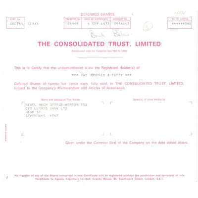 The Consolidated Trust Ltd (Titre 250 Act 25p £)