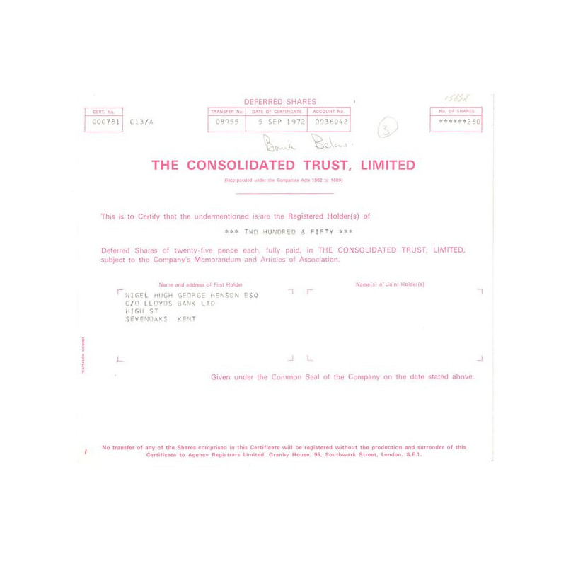 The Consolidated Trust Ltd (Titre 250 Act 25p £)
