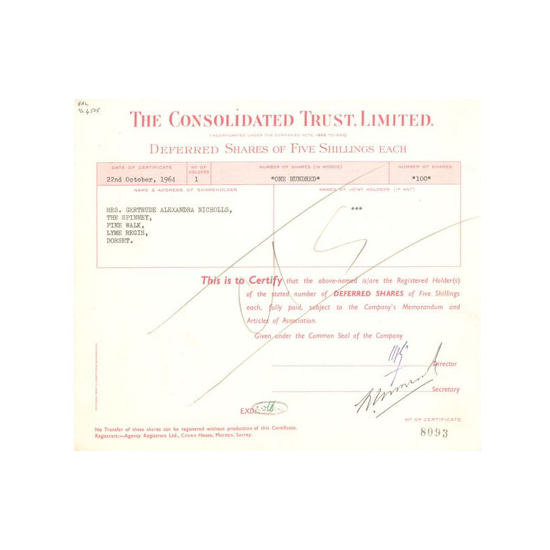 The Consolidated Trust Ltd (Titre 100 Act 5s £)