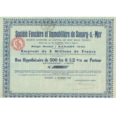 Sté Foncière et Immobilière de Sanary-sur-Mer (Bon Hypo 500 F 6% 1/2)