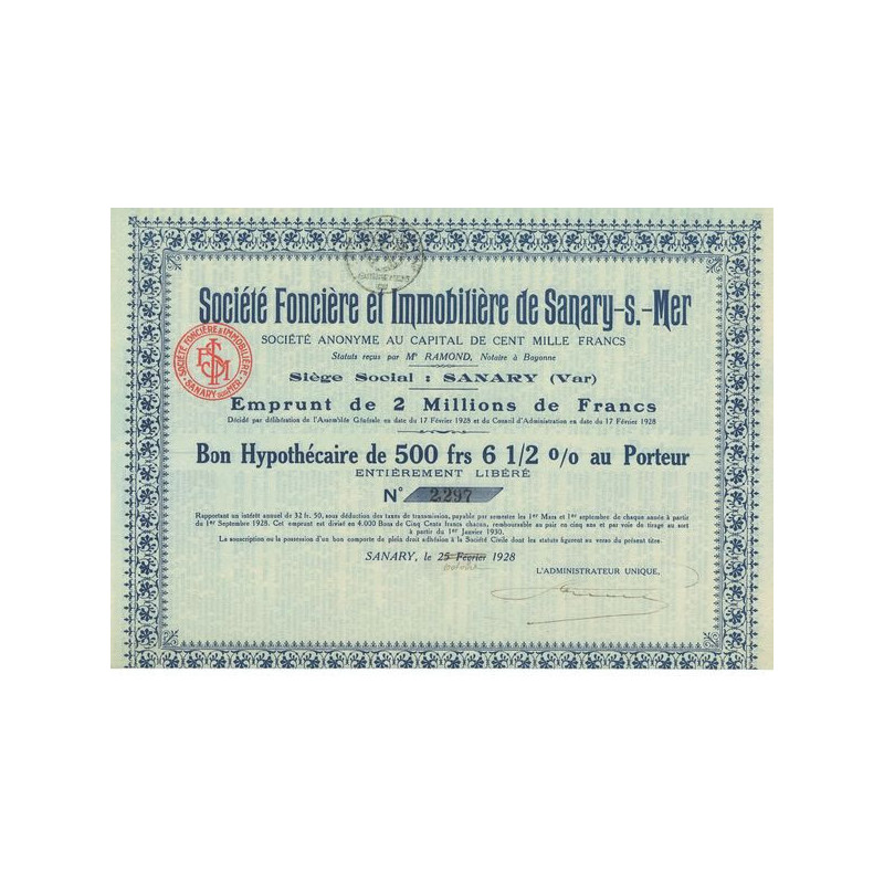 Sté Foncière et Immobilière de Sanary-sur-Mer (Bon Hypo 500 F 6% 1/2)