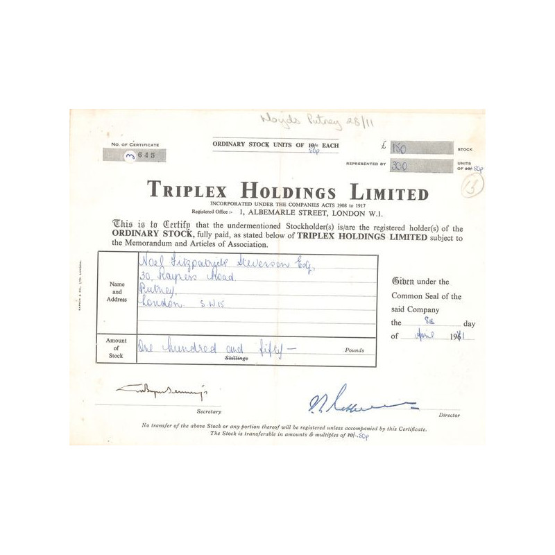 Triplex Holdings Ltd (Titre 300 Act 50p £)