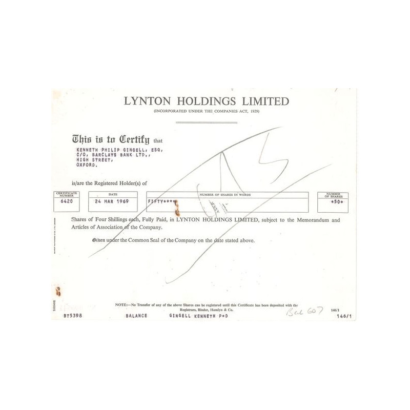 Lynton Holdings Ltd (Titre 50 Act 4s £)