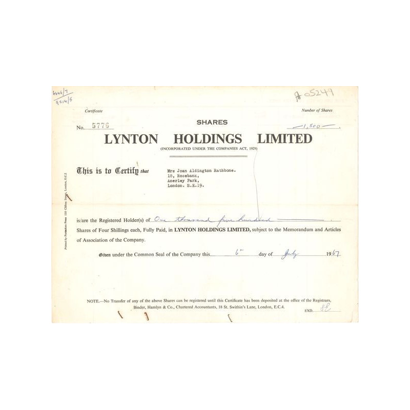 Lynton Holdings Ltd (Titre 1500 Act 4s £)