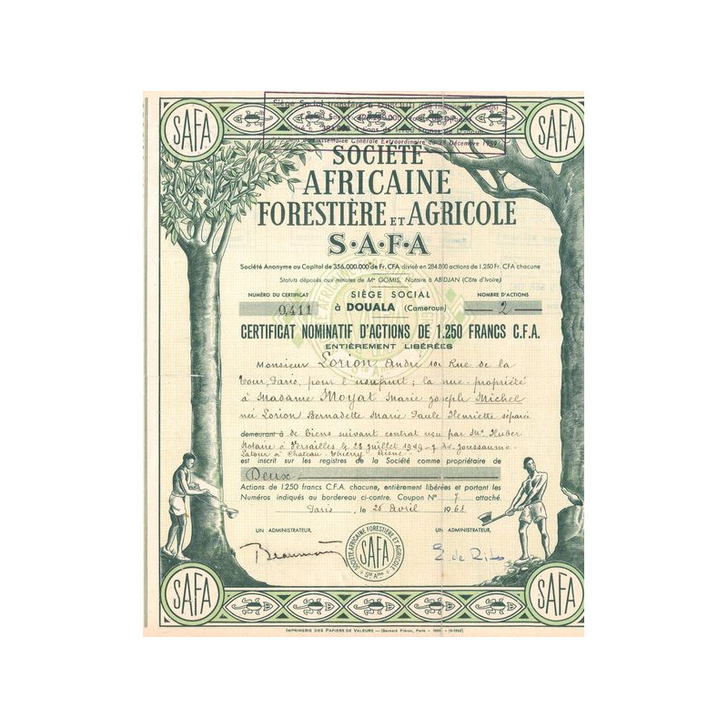 Sté Africaine Forestière et Agricole S.A.F.A. (Certif Nomin Act 1250 F)