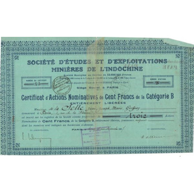 Sté d'Etudes et d'Exploitations Minières de l'Indochine (Act Nomin 100 F)