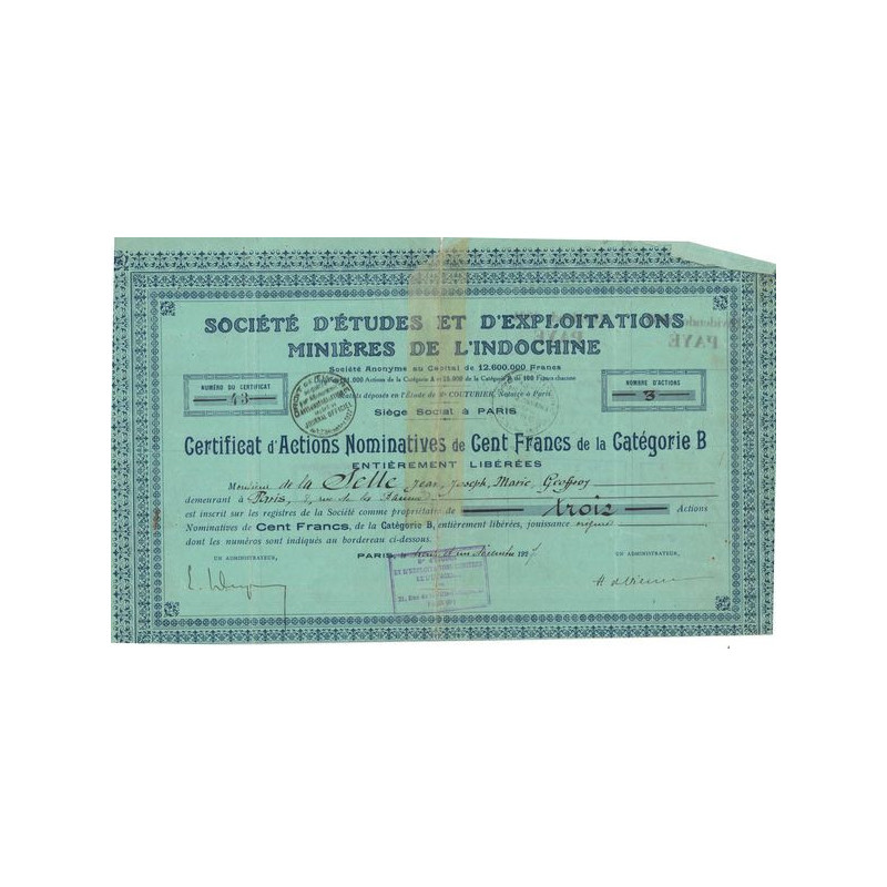 Sté d'Etudes et d'Exploitations Minières de l'Indochine (Act Nomin 100 F)