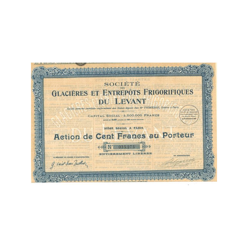 Sté des Glacières et Entrepôts Frigorifiques du Levant (Act 100 F)