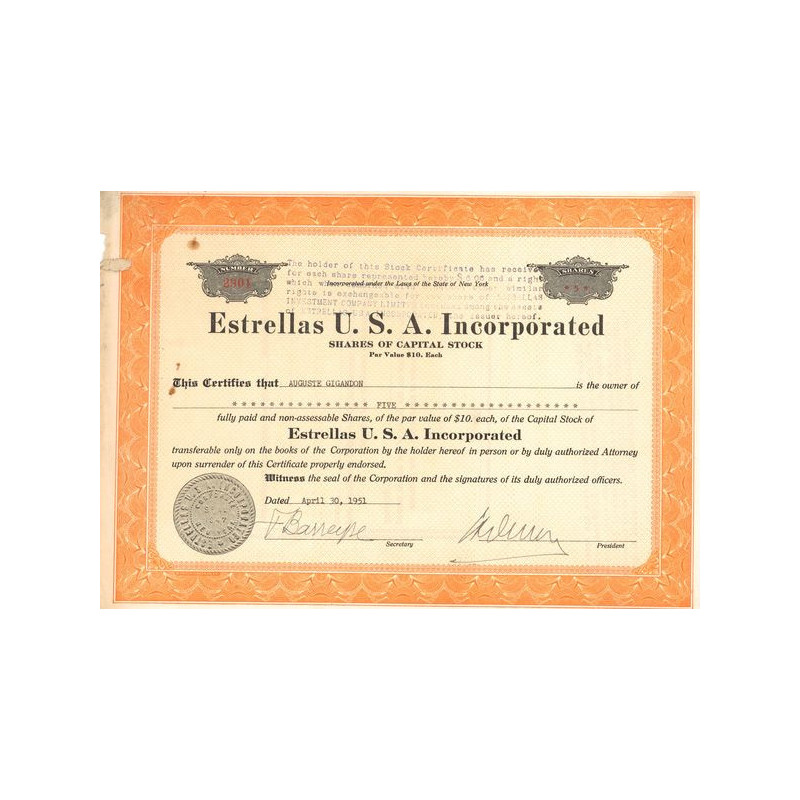 Estrellas U.S.A. Incorporated (Titre 05 Act 10 $)