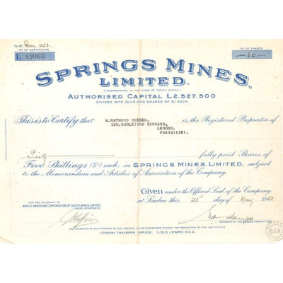 Springs Mines Ltd (Certif Nomin Titre 60 Act 5 shillings)
