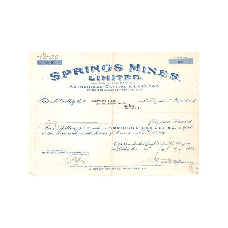 Springs Mines Ltd (Certif Nomin Titre 60 Act 5 shillings)